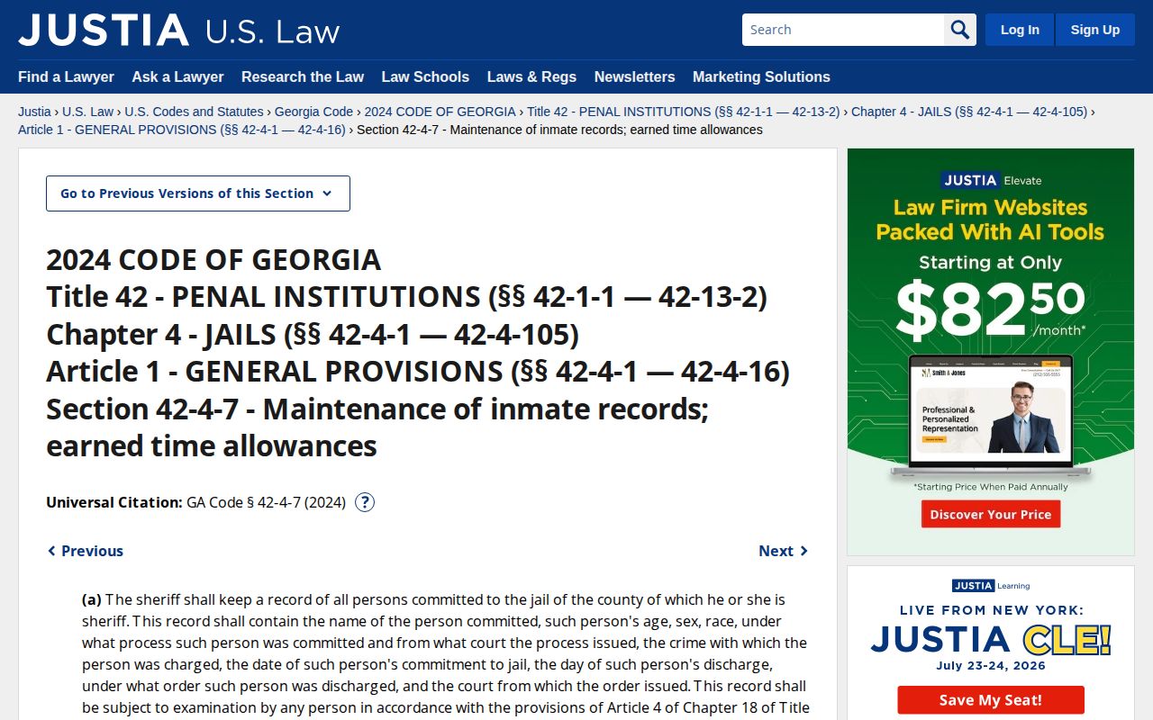 Georgia county inmate record and earned-time statute