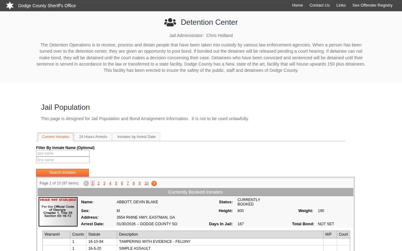 Dodge County Georgia Sheriff jail population page